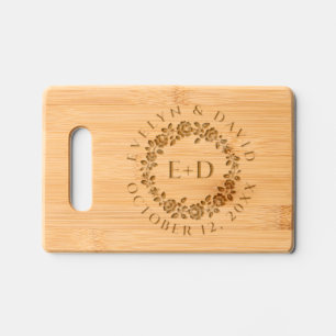 Rose wreath couples monogram and names wedding engraved cutting board