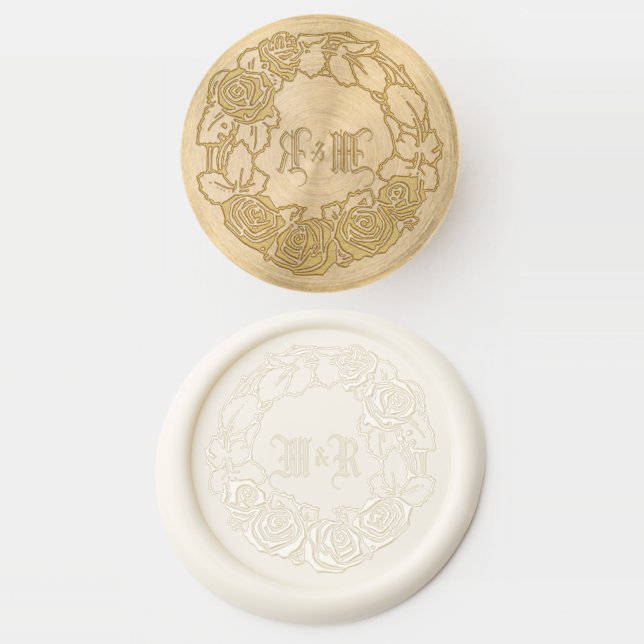 Rose Wreath Couples Monogram Template Wax Seal Stamp (Stamped)