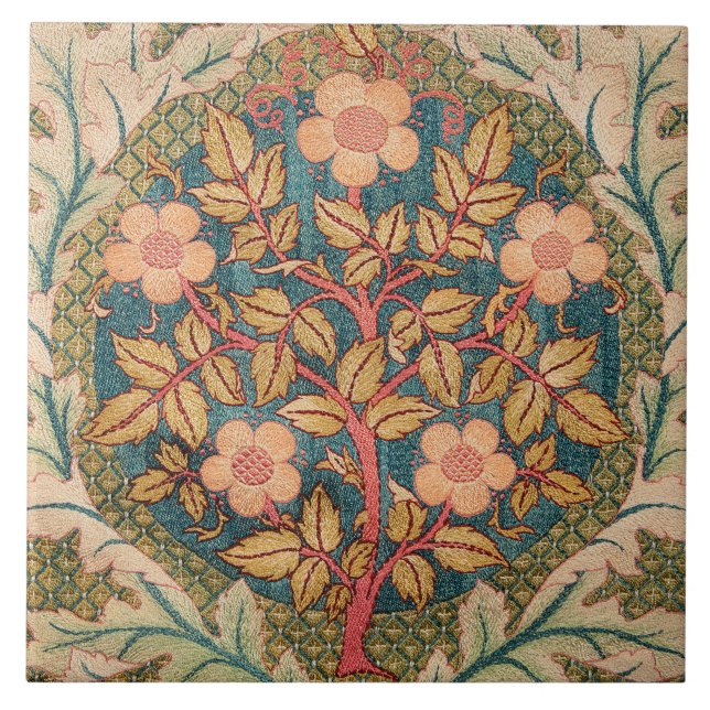 Rose Wreath Embroidery Design by William Morris Ceramic Tile (Front)