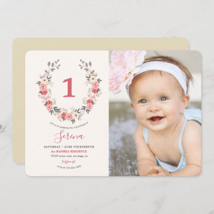 Rose Wreath First Birthday Invitation