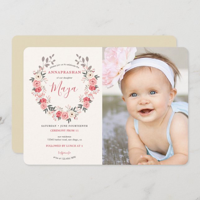 Rose Wreath First Rice Ceremony Invitation (Front/Back)