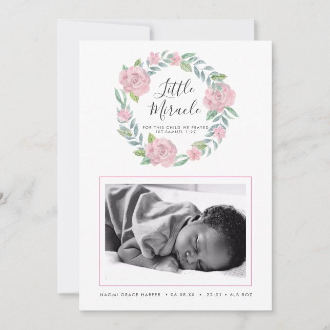 Rose Wreath Little Miracle Photo Birth Announcement (Front)