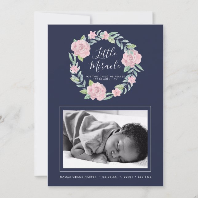 Rose Wreath Little Miracle Photo Birth Announcement (Front)