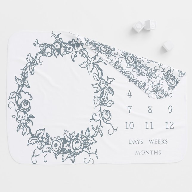 Rose Wreath Milestone Personalized Name Blue White Baby Blanket (Creator Uploaded)