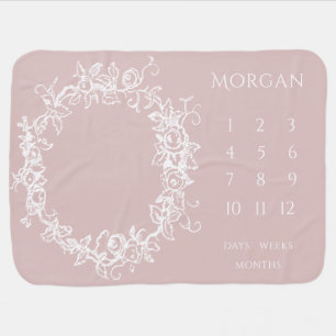 Rose Wreath Milestone Personalized Name Dusty Pink Baby Blanket