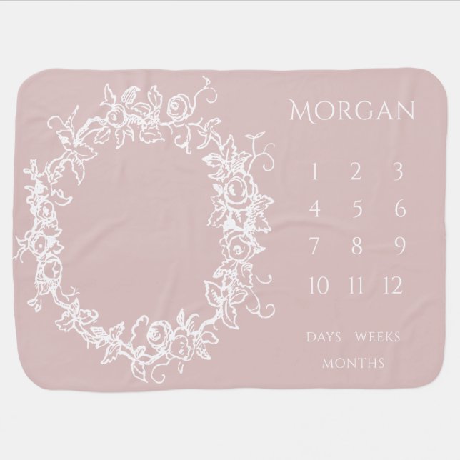 Rose Wreath Milestone Personalized Name Dusty Pink Baby Blanket (Horizontal)