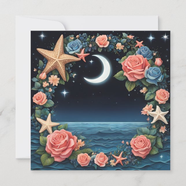 Rose Wreath Seashells and Moon Ocean Mother's Day Holiday Card (Front)