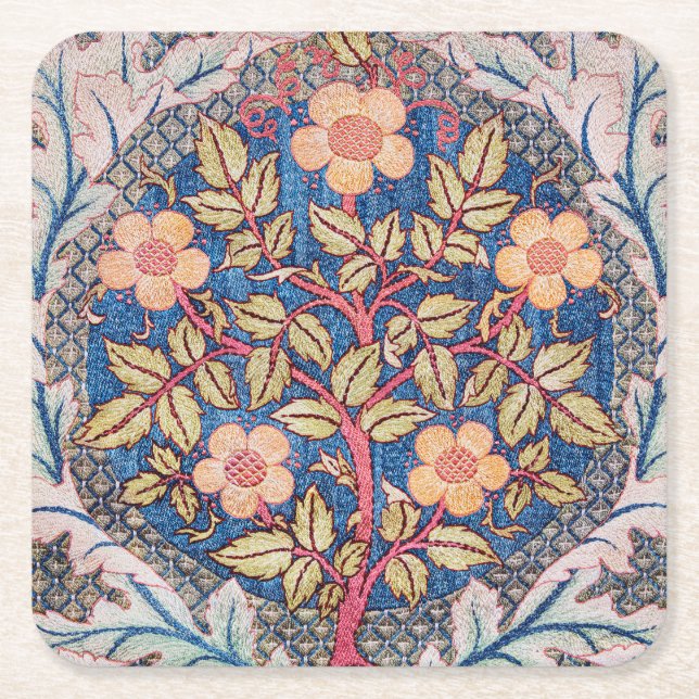 Rose Wreath, William Morris Square Paper Coaster (Front)