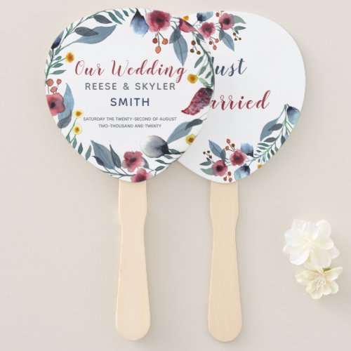 Rose Yellow  Blu Watercolor Floral Just Married Hand Fan
