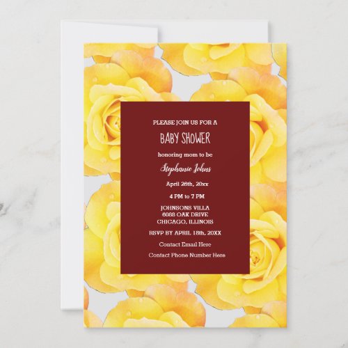 Rose Yellow Floral Baby Shower Girl Burgundy Red Invitation