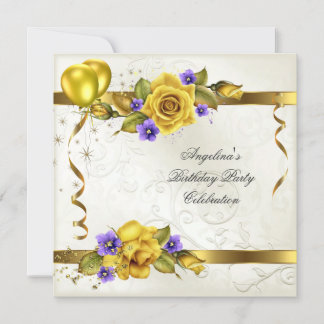 Rose Yellow Gold Purple Cream Birthday Party Invitation