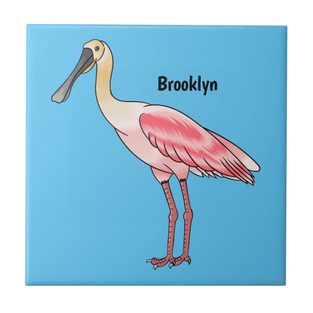Roseate spoonbill bird cartoon illustration ceramic tile (Front)