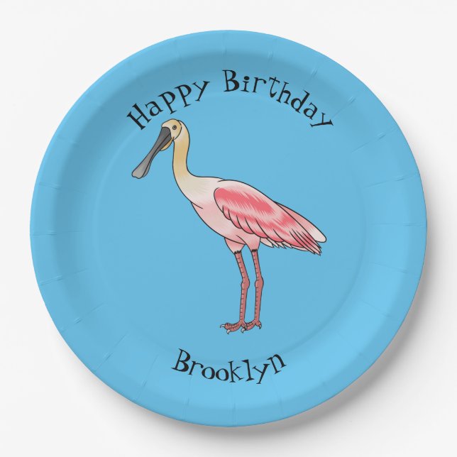 Roseate spoonbill bird cartoon illustration  paper plates (Front)