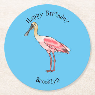 Roseate spoonbill bird cartoon illustration  round paper coaster