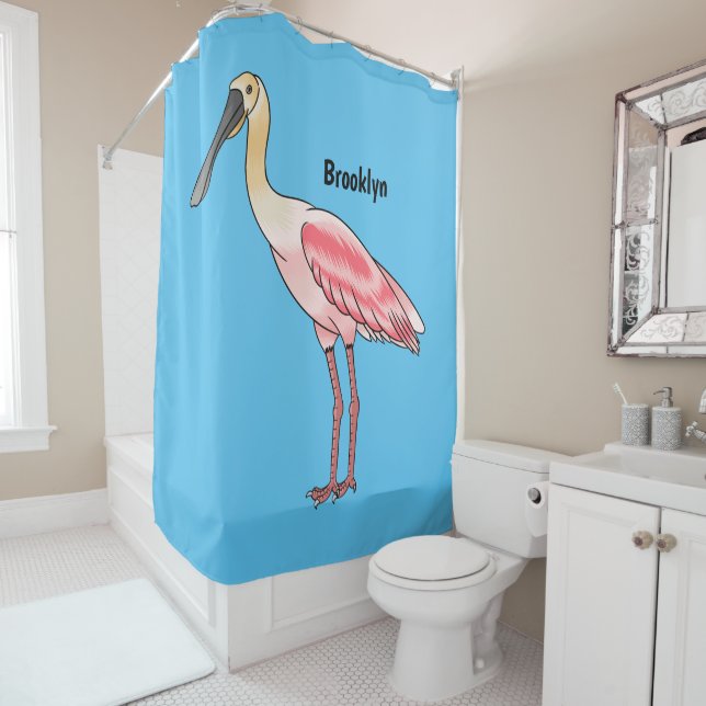 Roseate spoonbill bird cartoon illustration shower curtain (In Situ)