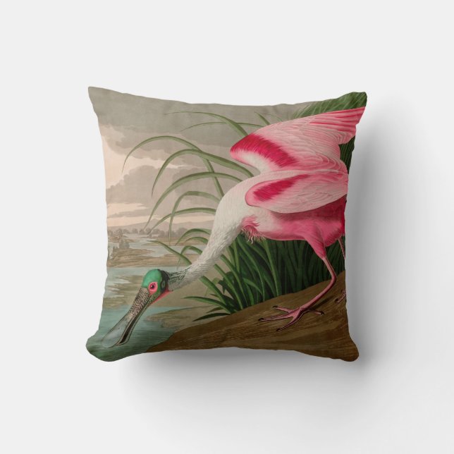 Roseate Spoonbill Birds of America Audubon Print Throw Pillow (Front)