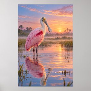 Roseate Spoonbill in Morning Mist – Texas Wetland  Poster