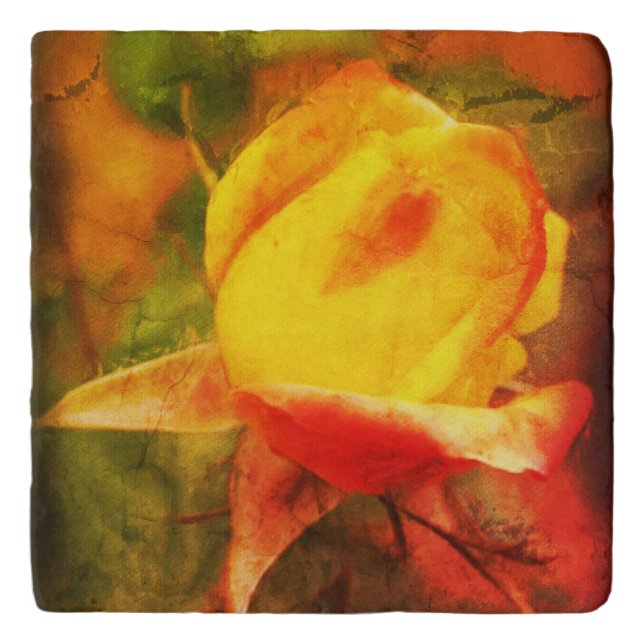 Rosebud Floral Art Photo Painting Distressed   Trivet (Front)