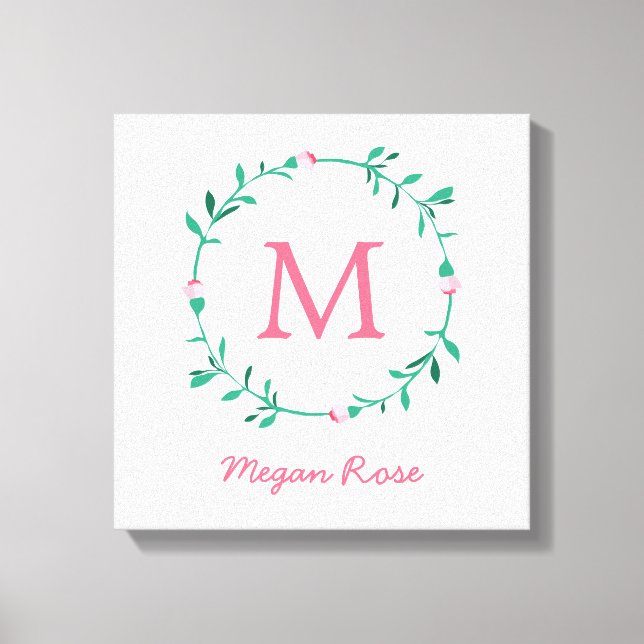 Rosebud Wreath Pink & Green Name Nursery Art Canvas Print (Front)