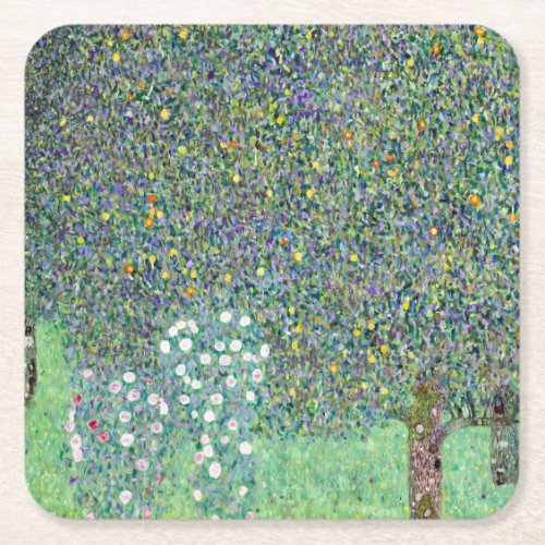 Rosebushes Under The Trees Gustav Klimt Square Paper Coaster