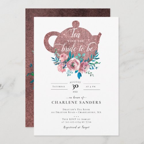  Rosegold and Bright Aqua Bridal Tea Invitation