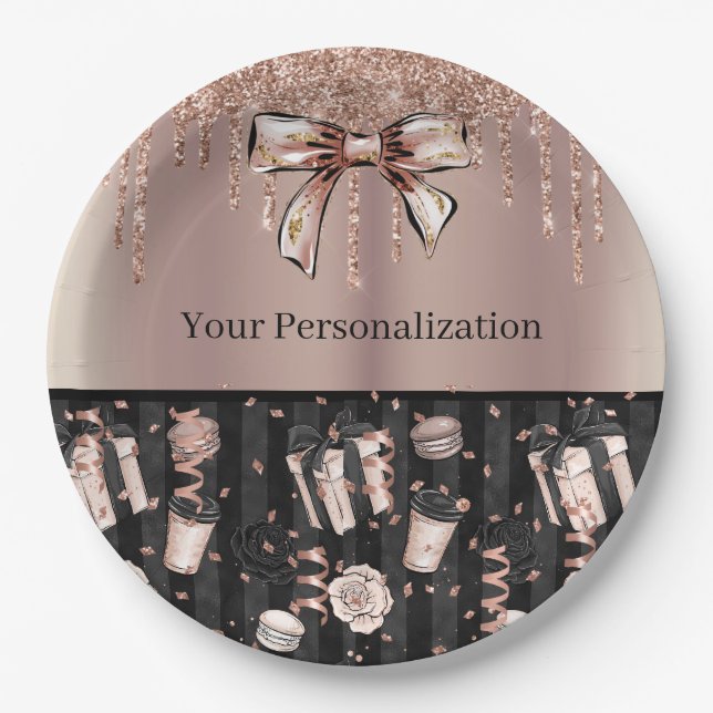 Rosegold & Black w/ Glitter, Bows & Ribbon Paper Plates (Front)