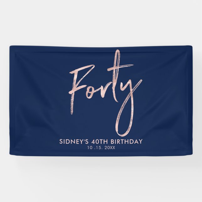 RoseGold Blue 40th Birthday Party Welcome Banner (Horizontal)