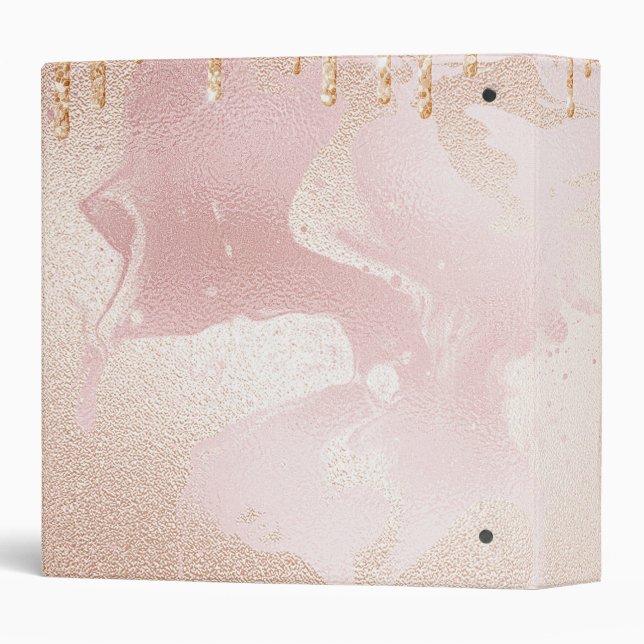 Rosegold Blush Marble with Gold Glitter Droplets 3 Ring Binder (Back/Spine)