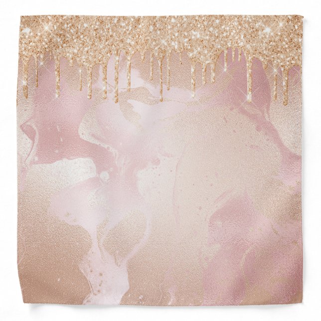 Rosegold Blush Marble with Gold Glitter Droplets Bandana (Front)