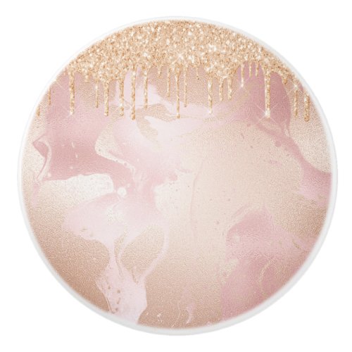 Rosegold Blush Marble with Gold Glitter Droplets Ceramic Knob