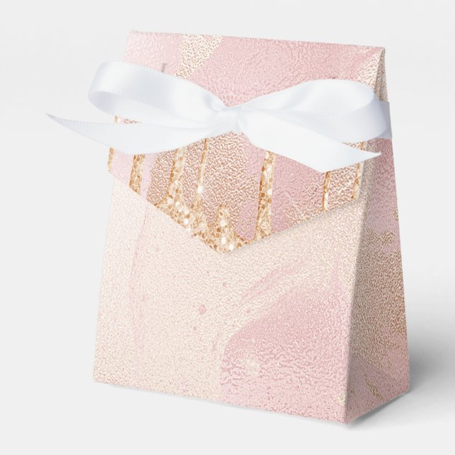 Rosegold Blush Marble with Gold Glitter Droplets Favor Boxes (Front Side)