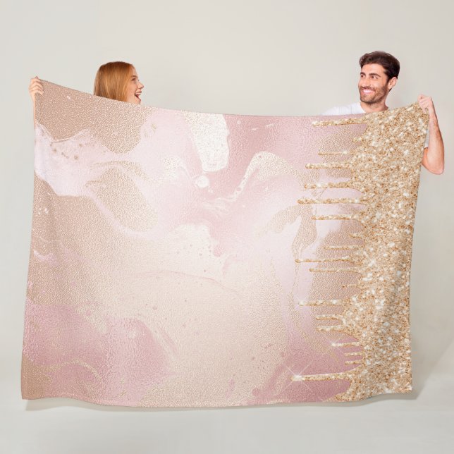 Rosegold Blush Marble with Gold Glitter Droplets Fleece Blanket (In Situ)