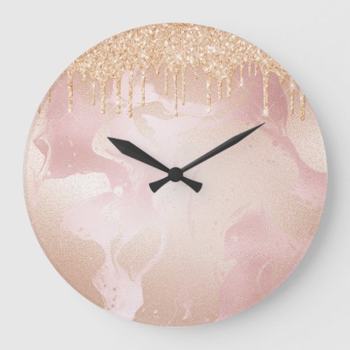 Rosegold Blush Marble with Gold Glitter Droplets Large Clock