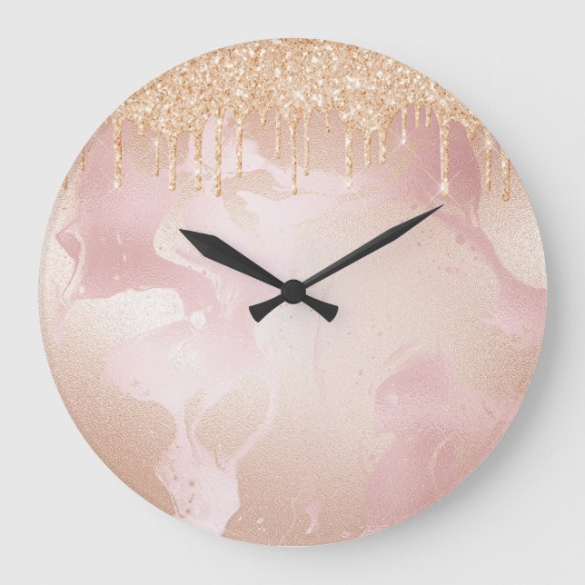 Rosegold Blush Marble with Gold Glitter Droplets Large Clock (Front)