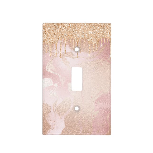 Rosegold Blush Marble with Gold Glitter Droplets Light Switch Cover (Front)