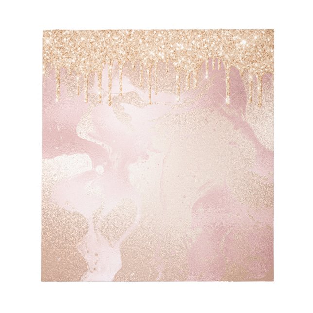 Rosegold Blush Marble with Gold Glitter Droplets Notepad (Front)