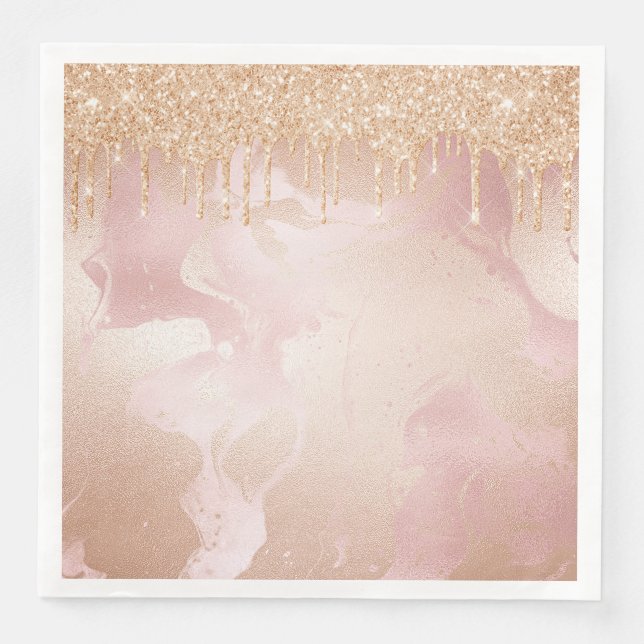 Rosegold Blush Marble with Gold Glitter Droplets Paper Dinner Napkins (Front)