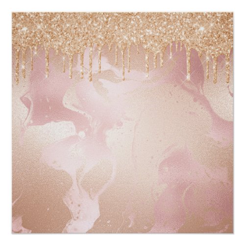 Rosegold Blush Marble with Gold Glitter Droplets Poster