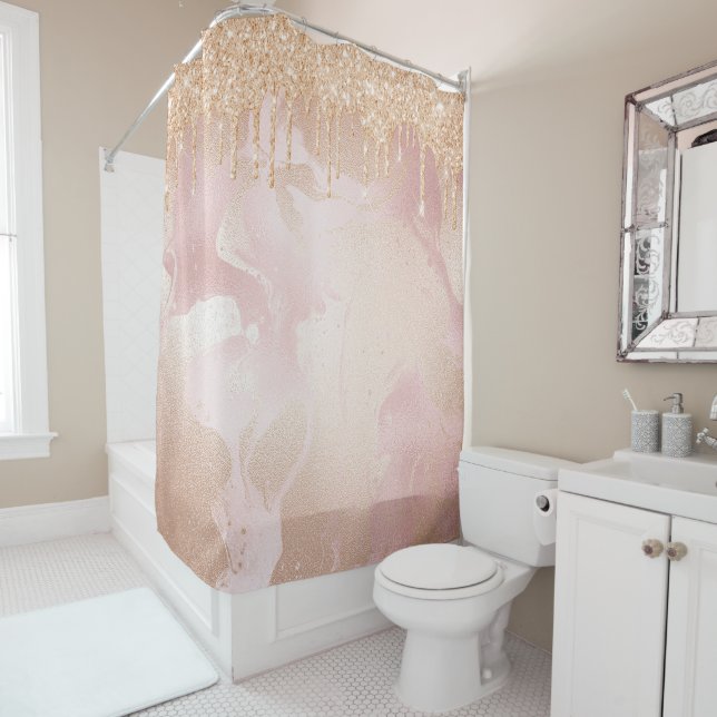Rosegold Blush Marble with Gold Glitter Droplets Shower Curtain (In Situ)