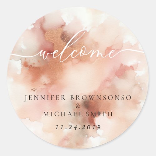 RoseGold Earthtone Watercolor Wedding Welcome Classic Round Sticker