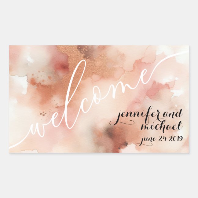 RoseGold Earthtone Watercolor Wedding Welcome Rectangular Sticker