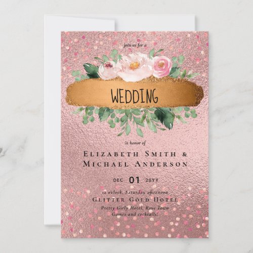 RoseGold Metallic Glitter Floral Foil Look Wedding
