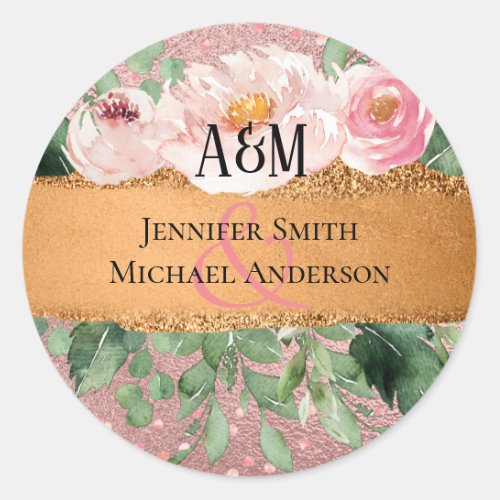 RoseGold Metallic Glitter Floral Foil Look Wedding Classic Round Sticker