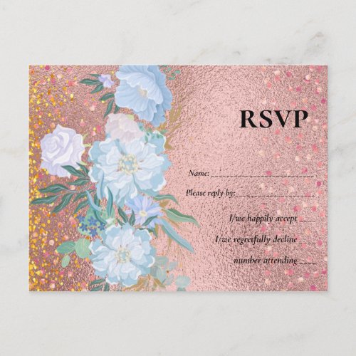 RoseGold Metallic Glitter Floral Foil Look Wedding Invitation Postcard