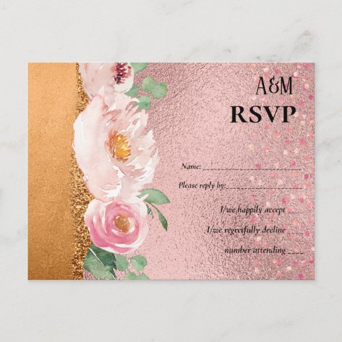 RoseGold Metallic Glitter Floral Foil Look Wedding Postcard