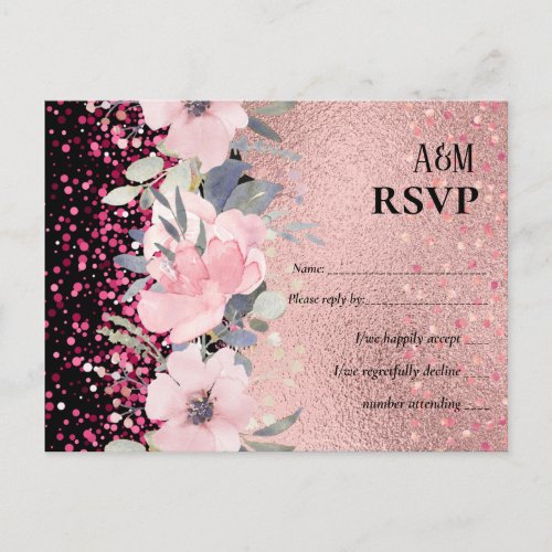 RoseGold Metallic Glitter Floral Foil Look Wedding Postcard