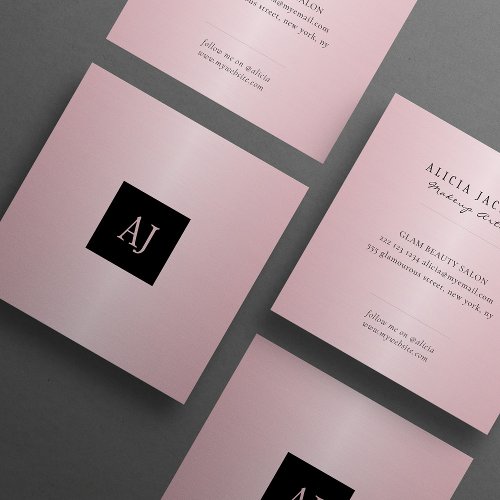 Rosegold pink metallic monogrammed makeup artist square business card
