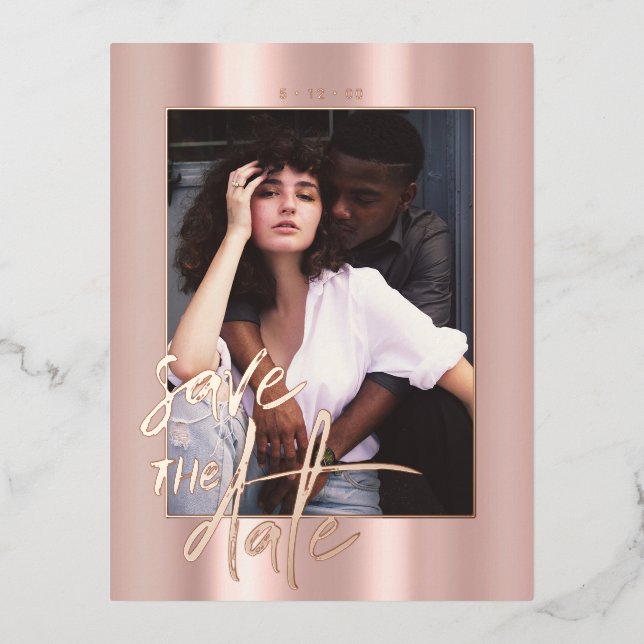 Rosegold Script Photo Wedding Save the Date Foil Holiday Postcard (Front)