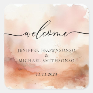 RoseGold Watercolor Wedding Welcome Square Sticker