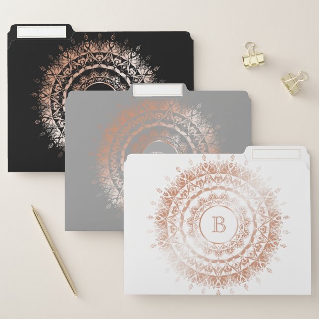 Rosegold White Gray Black Mandala Monogram File Folder (Set)
